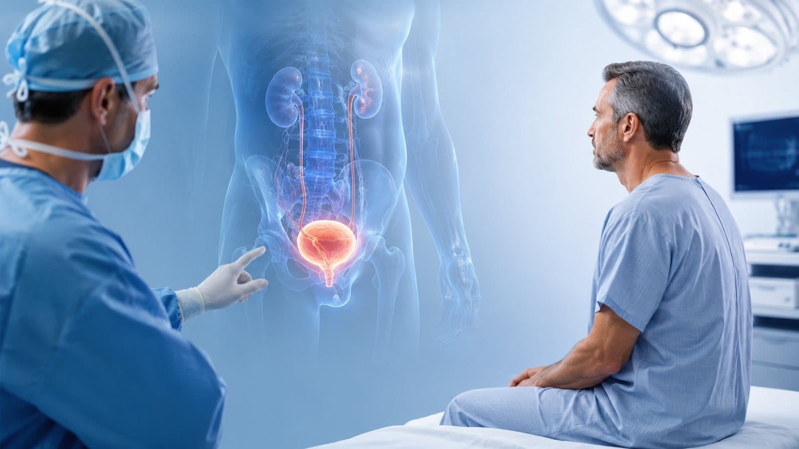 Cirurgião apontando a bexiga em ilustração anatômica enquanto explica ao paciente