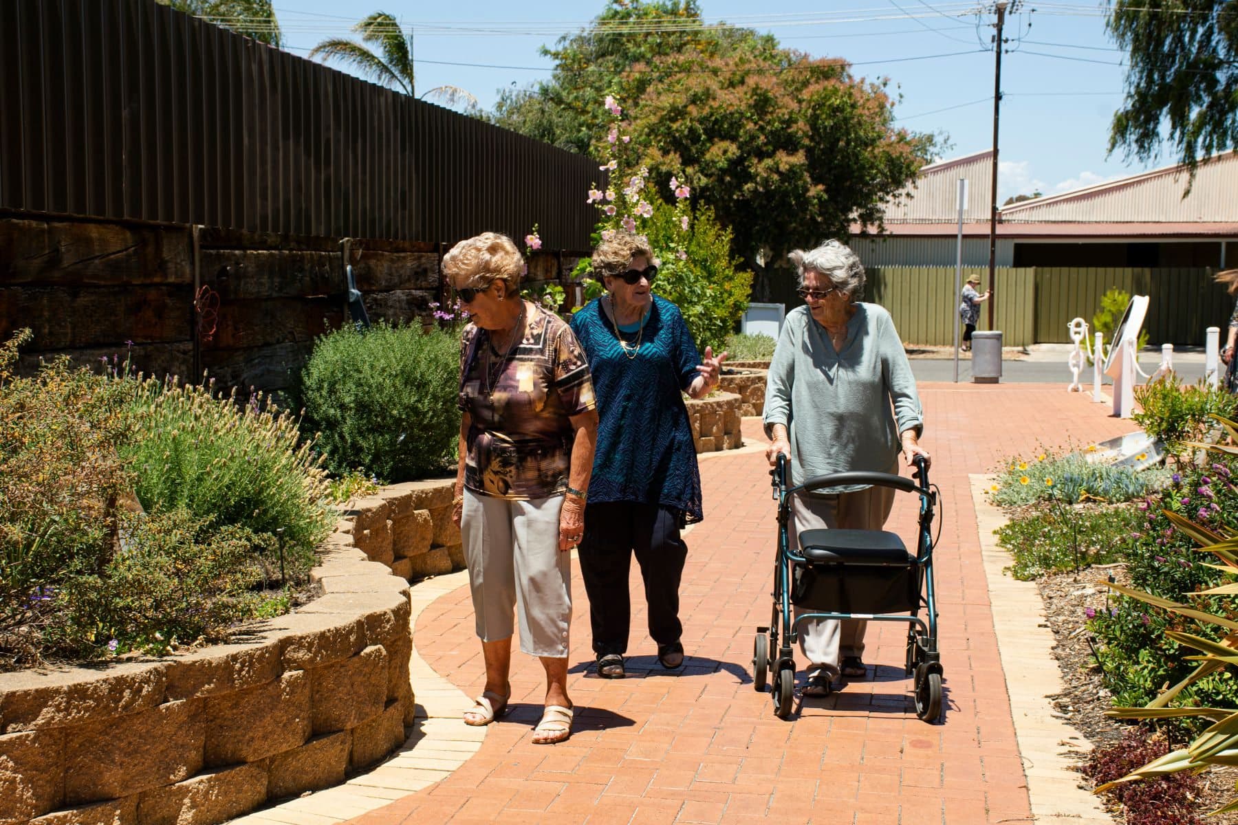Mulheres idosas caminhando juntas em jardim ensolarado