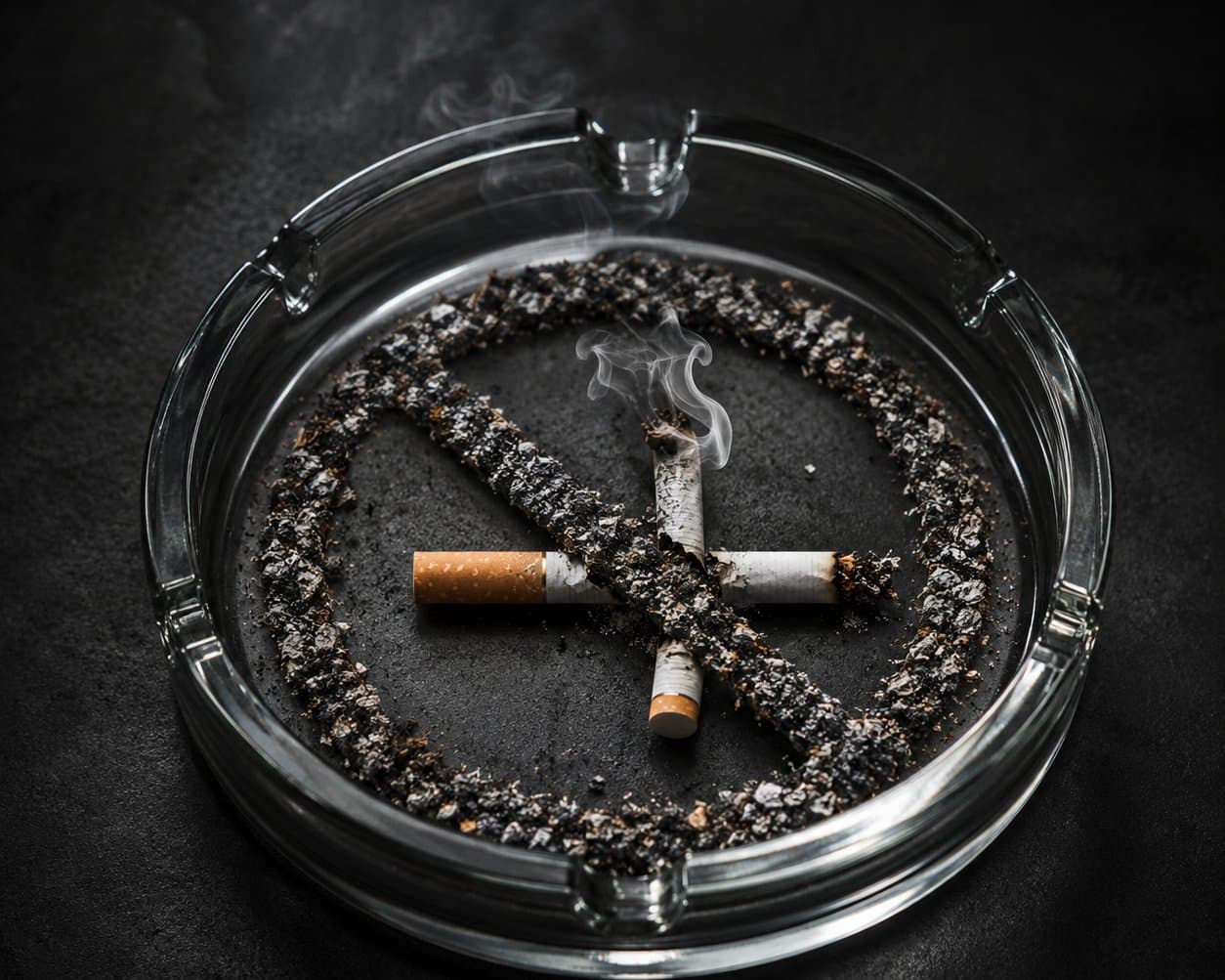 Cinzeiro com cigarros apagados formando símbolo de proibido fumar