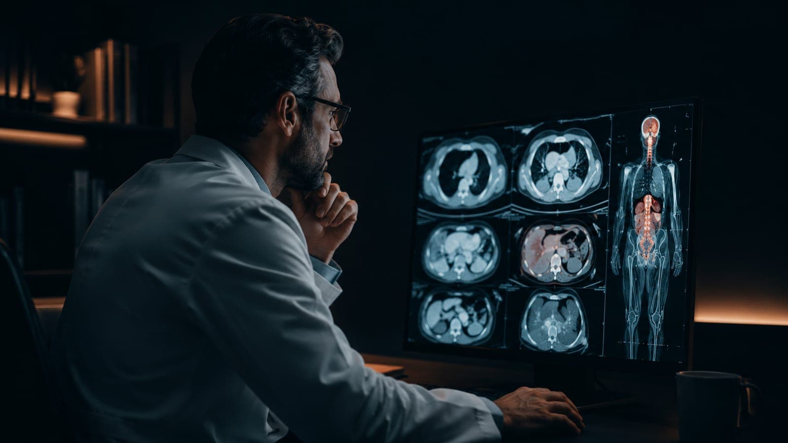 Equipe médica analisando tomografias de tórax
